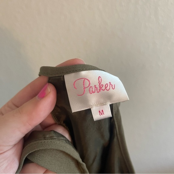Parker Crosby Two Tone Olive Green Mini Shift Dress with Cutouts Women’s Medium - Picture 9 of 10